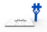 Blue human figure holding jigsaw piece