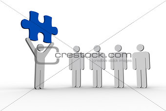 Human figure holding blue jigsaw piece next to line of human forms