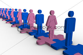 Line of blue and pink human forms standing over meshed jigsaw pieces