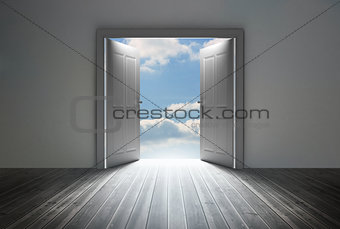 Doorway revealing bright blue sky