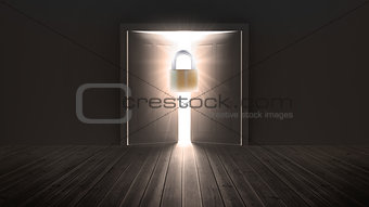 Padlock guarding door to bright light