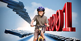 Little boy on a bike with binary code