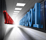 Blue and red binary code in data center