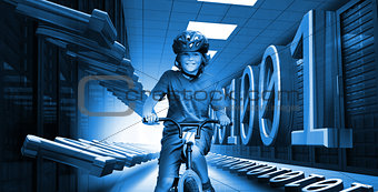 Child on bike in data center with binary code in blue