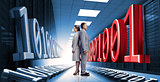 Business people standing in data center with binary code