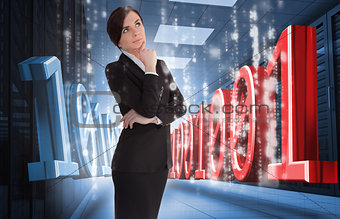 Businesswoman thinking of binary code in data center