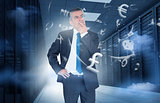 Businessman standing in data center with currency graphics