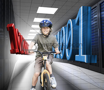 Happy boy on a bike in data center