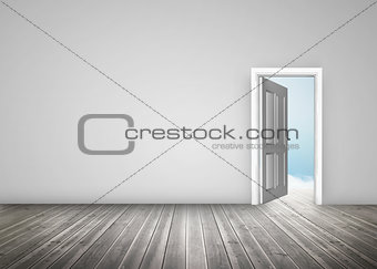 Doorway opening to blue sky in grey room