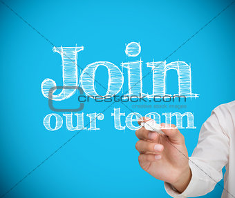 Businessman writing join our team on blue background