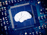 Brain in the middle of blue circuit board