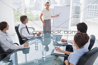 Businesswoman pointing at a growing chart