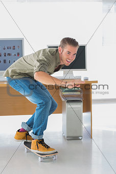 Creative business employee skating through the office