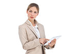 Businesswoman pointing something on her digital tablet