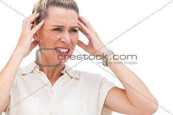 Businesswoman with painful migraine