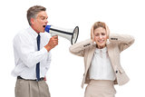 Businessman yelling at his coworker with megaphone