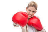 Determined businesswoman with boxing gloves