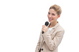 Well dressed woman with microphone