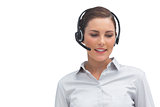 Happy call centre agent wearing headset