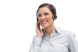 Laughing call centre agent wearing headset
