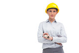 Architect woman with yellow helmet and rolled up plan