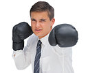 Businessman hitting with black boxing gloves