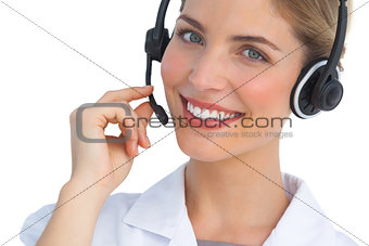 Happy nurse working with headset