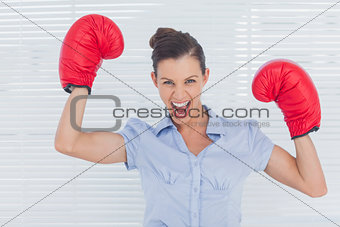 Businesswoman in boxing gloves cheering