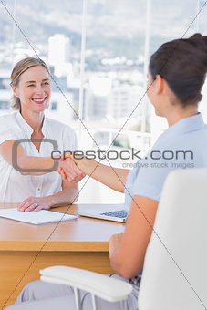 Cheerful interviewer shaking hand of an applicant