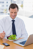 Smiling businessman eating a salad on his desk