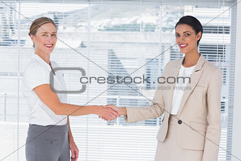 Two cheerful partners shaking hands