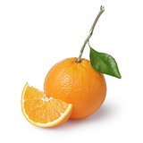 ripe round oranges with half, stem and leaf