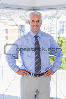 Businessman smiling with hands on hips