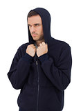 Man wearing hooded jacket