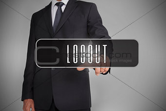 Businessman selecting label with logout written on it