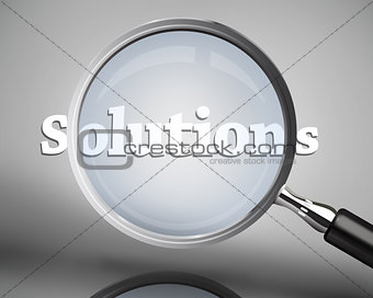 Magnifying glass showing solutions word in white