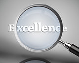 Magnifying glass showing excellence word in white