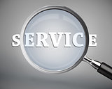 Magnifying glass showing service word in white