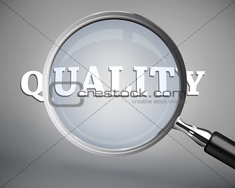 Magnifying glass showing quality word in white