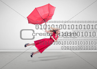 Woman flying with a broken umbrella