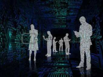 Silhouette of business people in the middle of circuit board
