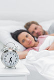 Couple lying in their bed next to an alarm clock