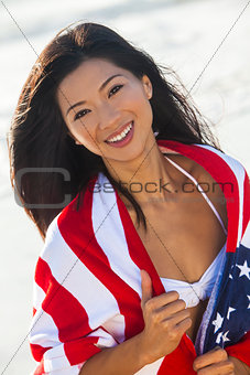 Beautiful Asian Woman Girl in American Flag on Beach