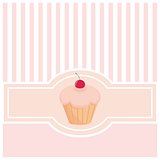 Vector card or invitation with muffin cupcake and vertical strips. Invitation with cute background and lovely cherry on cake top.
