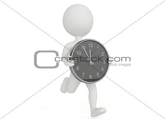 3d humanoid character running with a clock