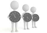 Three 3d humanoid character hold a clock