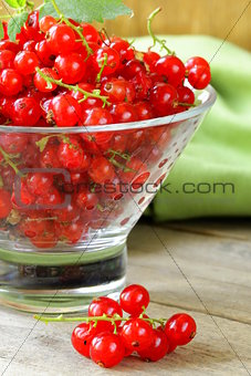 Organic ripe red currant on a wooden table