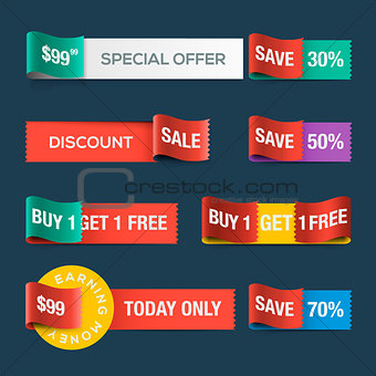Collection of sale discount website ribbons, vector Eps10 image.