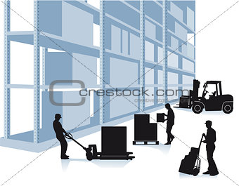storehouse with workers and forklift