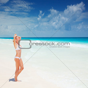 Cute female suntanning on seashore
